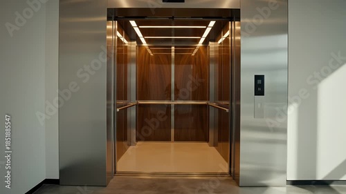 Modern Elevator Interior with Stainless Steel and Warm Lighting.