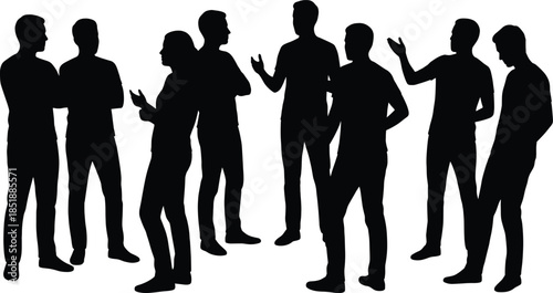 Group discussion silhouettes people talking debating gestures isolated black figures on white background illustration teamwork communication concept design collection stock