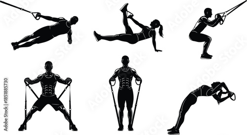 Suspension training fitness silhouettes showing male and female athletes performing TRX bodyweight exercises, strength workouts, and functional gym training poses