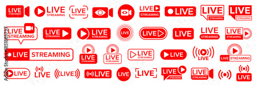 Live streaming icon set button, banner, label, sticker, stamp. Live broadcasting buttons and symbols. Video online stream icons. Live stream logo. Watch live stream. Social media. Vector illustration.