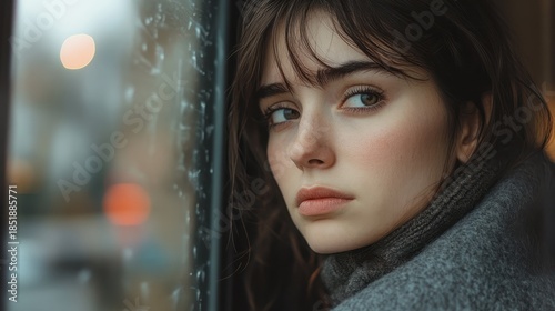 Contemplative Young Woman Gazing Thoughtfully Out of a Rainy Window on a Cozy Day