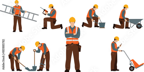 Vector illustration set of construction workers performing various tasks like digging, drilling, and carrying equipment, perfect for depicting skilled manual labor and building trades.