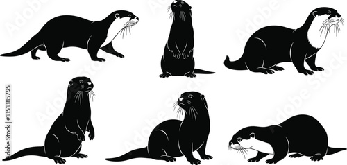 Vector Silhouette Collection of Eurasian River Otters in Various Poses Swimming, Standing, and Looking Up, Ideal for Wildlife, Nature, and Animal Conservation Graphics.Web