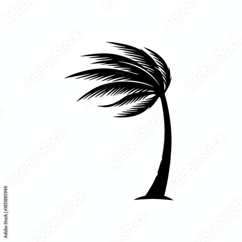 Black silhouette of a tropical palm tree with leaves blowing strongly in the wind, symbolizing stormy weather, island vibes, and natural resilience