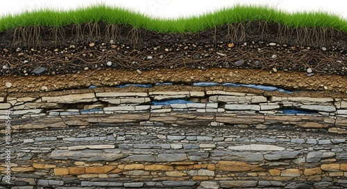 Cross-Section of Earth: An intricate, layered view reveals the inner construction of the earth, from topsoil to bedrock, illustrating the beauty of geology and natural world.