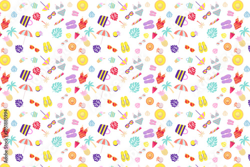 A vibrant, seamless summer pattern featuring beach balls, sunglasses, palm trees, ice cream, and flip-flops in pastel colors on a white background.