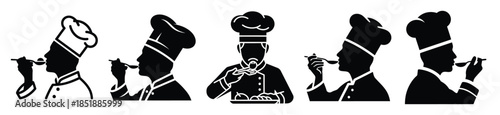 Collection of  chef tasting food silhouette icon set. cooking vector icons illustration