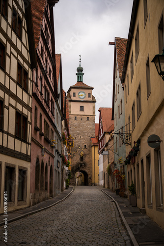 Medieval street with Markusturm tower in Rothenburg ob der Tauber old town