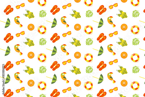 A cheerful, seamless summer pattern with flip-flops, sunglasses, lifebuoys, pineapples, and palm leaves in bright orange, yellow, and green on a white background.