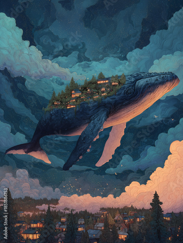 Surreal Illustration of Giant Whale with Village on Back Floating in Starry Night Sky