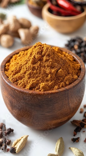 Spices and Herbs in Wooden Bowl with Vibrant Curry Powder and Various Seasonings on Kitchen Table