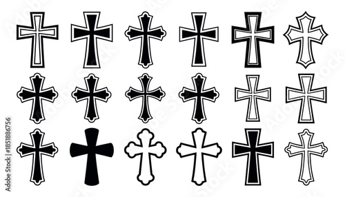 Collection of black and white Christian cross with varied decorative and outlines religion symbol