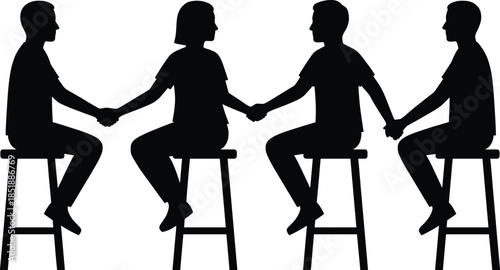 People holding hands silhouettes seated on stools teamwork trust unity connection isolated black figures on white background illustration concept design