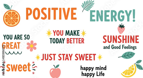Uplifting messages and cheerful fruit illustrations promoting positivity and happiness.