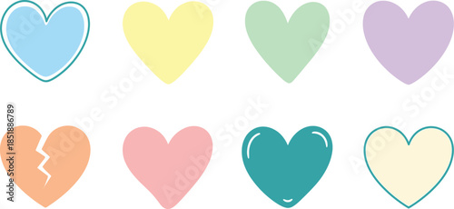 A collection of charming pastel hearts, including one broken heart, against a clean white background.