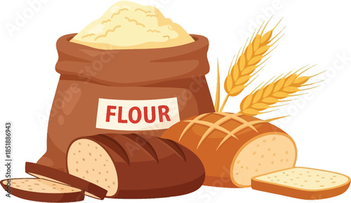 Freshly baked bread and flour in a rustic sack, representing wholesome ingredients and artisanal baking.