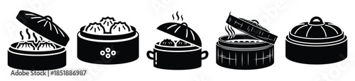 Collection of  dim sum basket silhouette icon set. cooking vector icons illustration