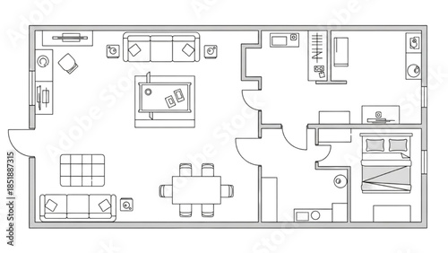 Detailed floor plan of a modern house with labeled rooms and furniture, illustrating the architectural layout and design