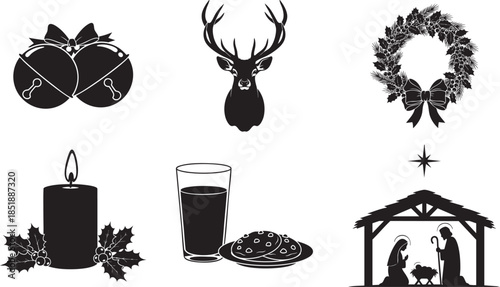 A set of christmas silhouettes featuring traditional holiday symbols isolated on transparent background, Vector