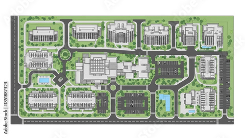 Aerial view of a large residential complex with multiple buildings and green spaces
