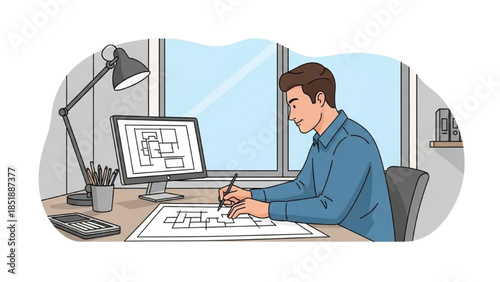 Man working on architectural design at desk near window