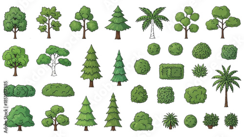 Collection of various tree and plant illustrations in a digital graphic format