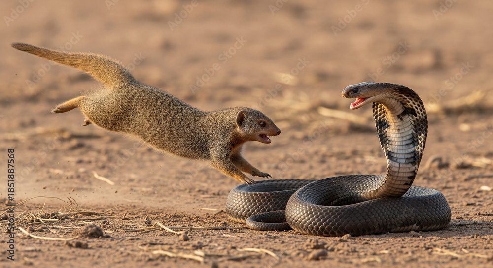 Fototapeta premium Mongoose charges at cobra in swift encounter during sunny day in the wild