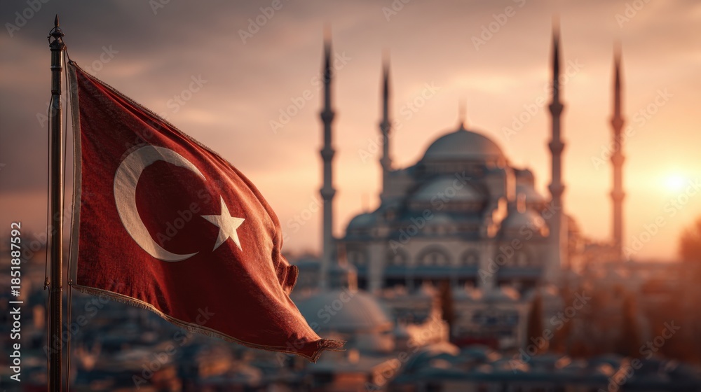 Obraz premium Beautiful sunset view of a Turkish flag with a historic mosque in the background in Istanbul