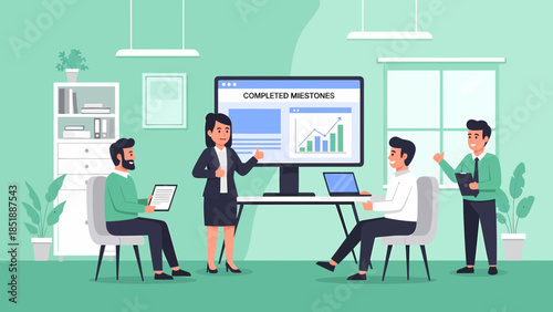 Business Team Discussing Data on Computer Screen.