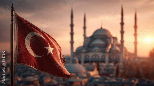 Beautiful sunset view of a Turkish flag with a historic mosque in the background in Istanbul