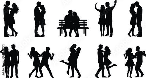 Romantic couple silhouettes dancing hugging kissing sitting on bench love relationship gestures isolated black figures on white background illustration collection