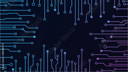 Circuit board patterns and connections in a dark technological environment viewed from above