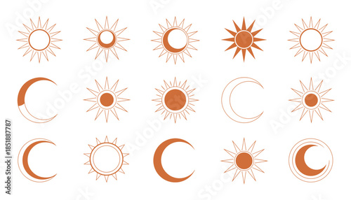 Collection of stylized sun and crescent moon in orange on a white background symbol celestial