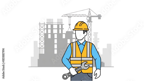Engineer standing confidently in front of a construction site with a crane and buildings