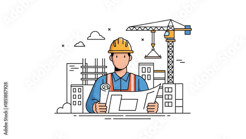 Construction worker reviewing blueprint at building site with crane in background