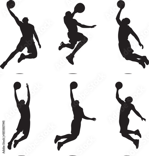 Dynamic basketball player silhouettes in various action poses