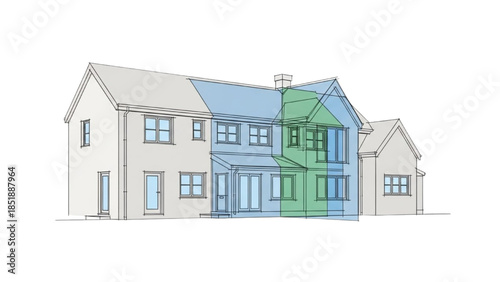 Detailed architectural illustration of a modern house with highlighted sections