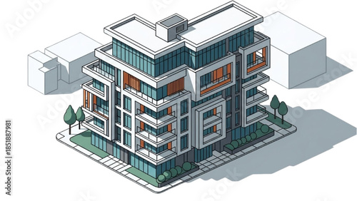 Isometric illustration of a modern office building with trees surrounding it