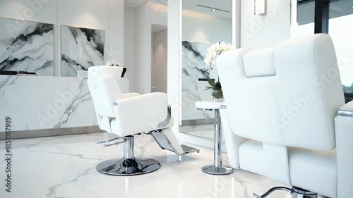 Modern Hair Salon Interior with White Styling Chairs and Marble Accents.