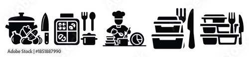 Collection of  meal prep silhouette icon set. cooking vector icons illustration