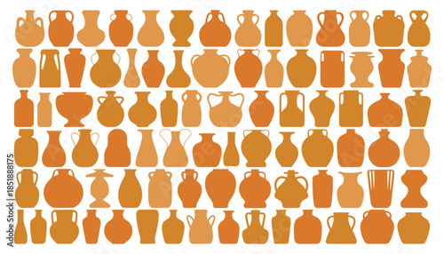 Collection of various orange and tan terracotta pottery vase silhouettes on white background 