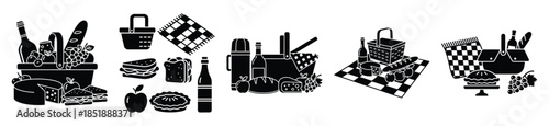 Collection of  picnic food silhouette icon set. cooking vector icons illustration