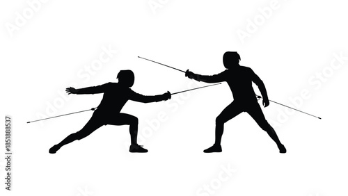 Fencers in dynamic duel with swords in hand