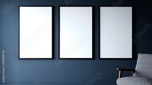 Modern Interior Design with Three Blank Frames and Armchair.