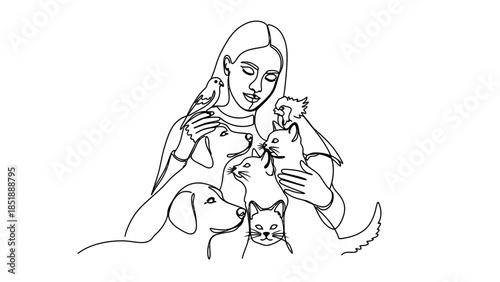Woman lovingly surrounded by pets and animals