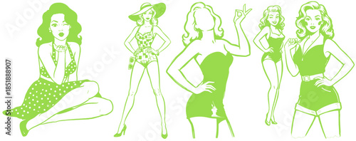 Retro Pin Up Girls Set.Summer Pop Art Ladies.Green Vintage Swimwear Poses.Comic Style Fashion Models.50s Pinup Vector Pack