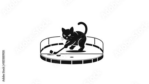Black cat playing hockey on ice rink with puck