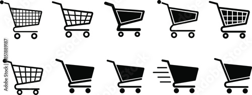 Set of shopping cart icons in different styles and motions, e commerce trolley silhouettes for online store, retail, and checkout design