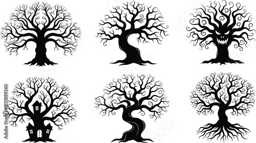 Spooky twisted tree silhouettes collection with fantasy and horror elements, black vector illustrations for Halloween, gothic art and dark nature designs