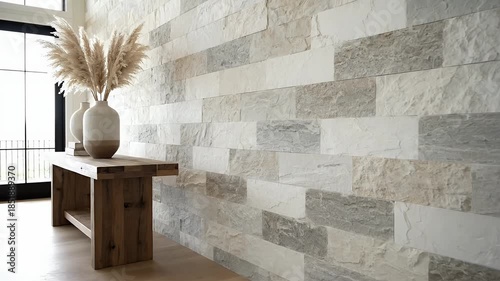 Modern Interior Design with Textured Stone Accent Wall and Minimalist Decor.